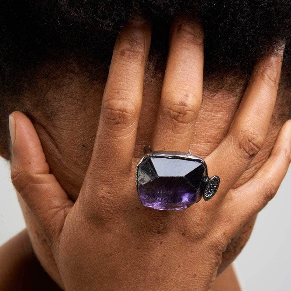 German Kabirski Miraw Rought Amethyst and Black Spinel Ring