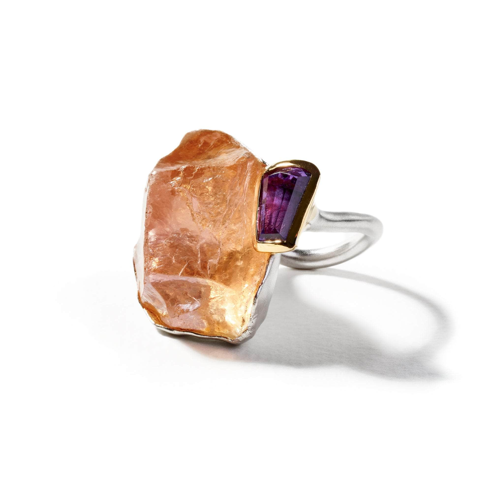 German Kabirski Cleon Rough Rose Quartz and Amethyst Ring