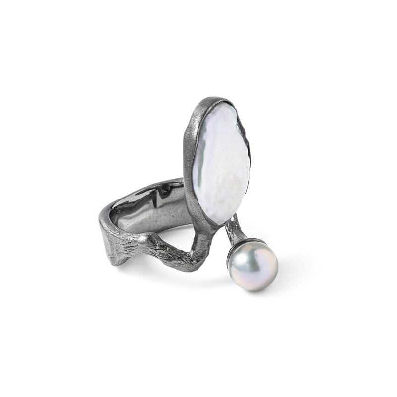 German Kabirski Albah Baroque Pearl and White Pearl Ring (Black Rhodium)