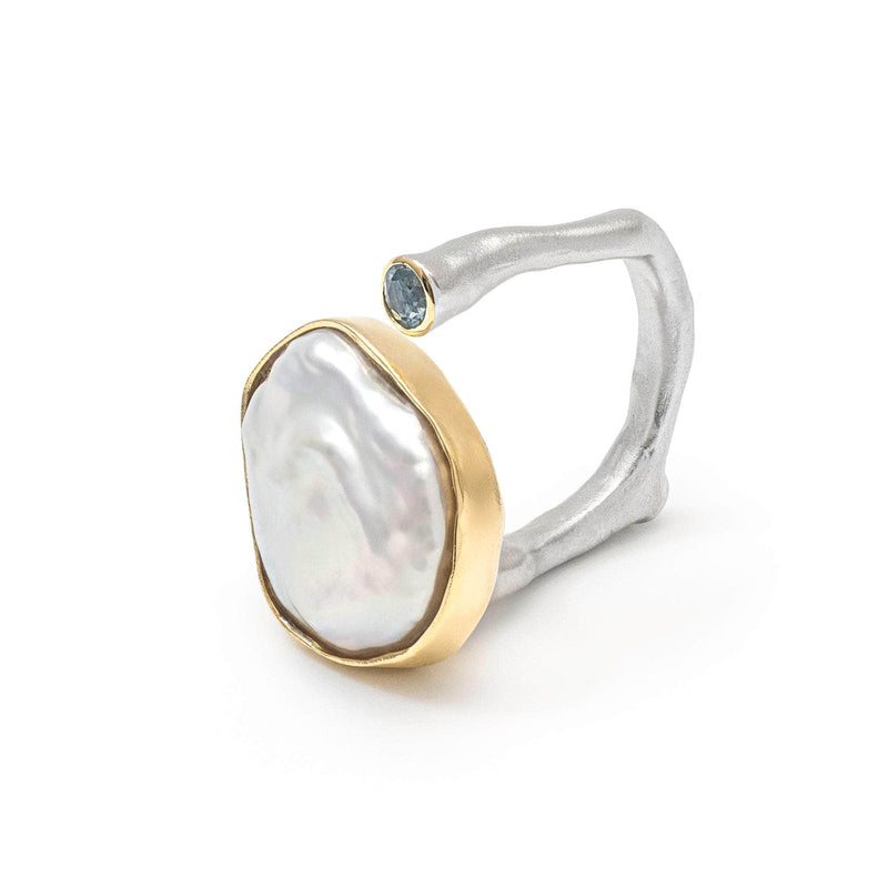 German Kabirski Aroob Baroque Pearl and Blue Topaz and Black Spinel Ring (White Rhodium and Gold 18K)