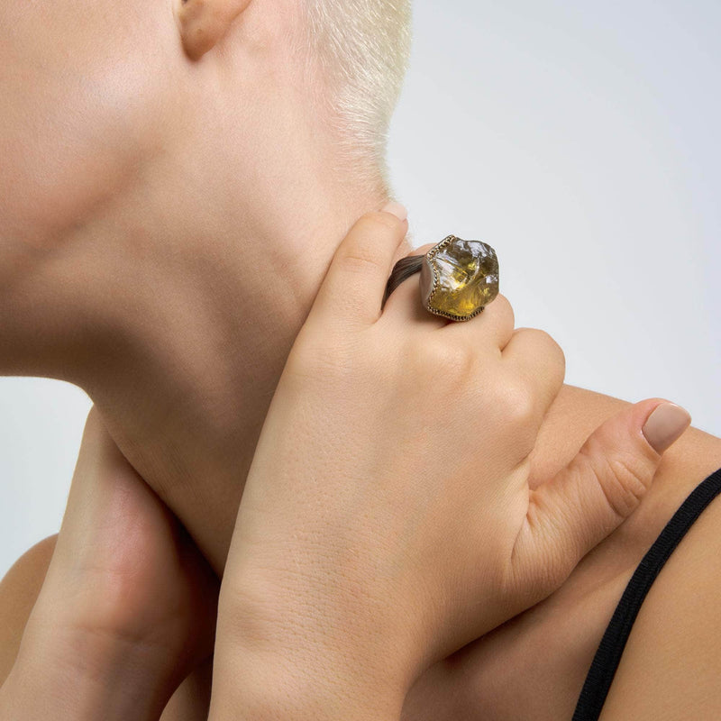 German Kabirski Aether Lemon Quartz and Black Spinel Ring