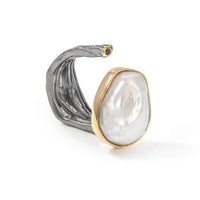 German Kabirski Laurel Baroque Pearl and Rhodolite Ring (Black Rhodium and Gold 18K)