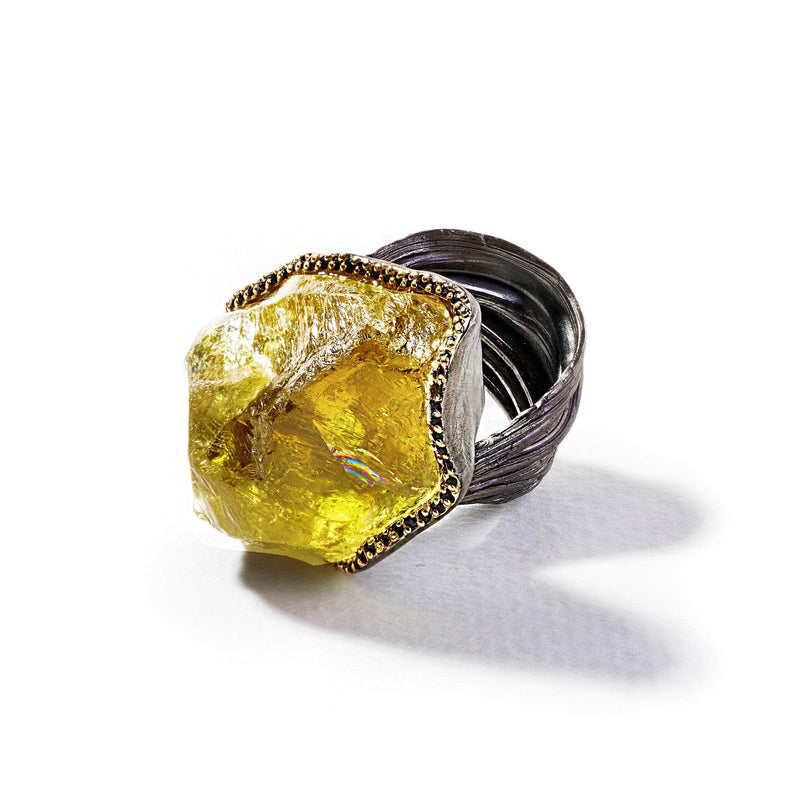 German Kabirski Aether Lemon Quartz and Black Spinel Ring