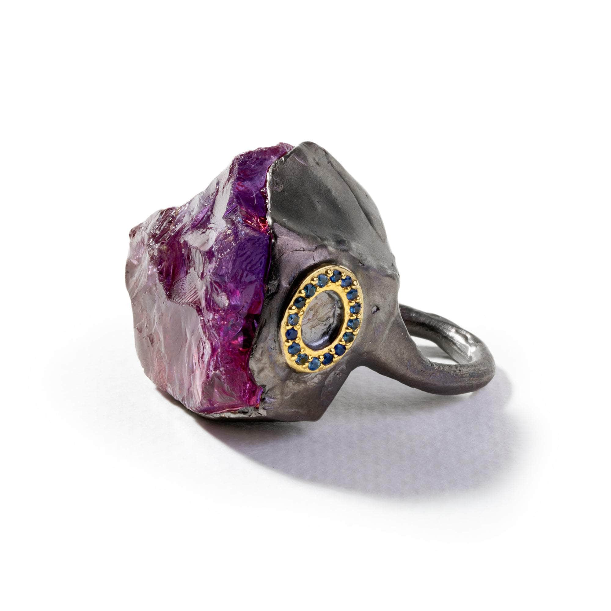 German Kabirski Acme Rough Amethyst and Blue Sapphire Ring