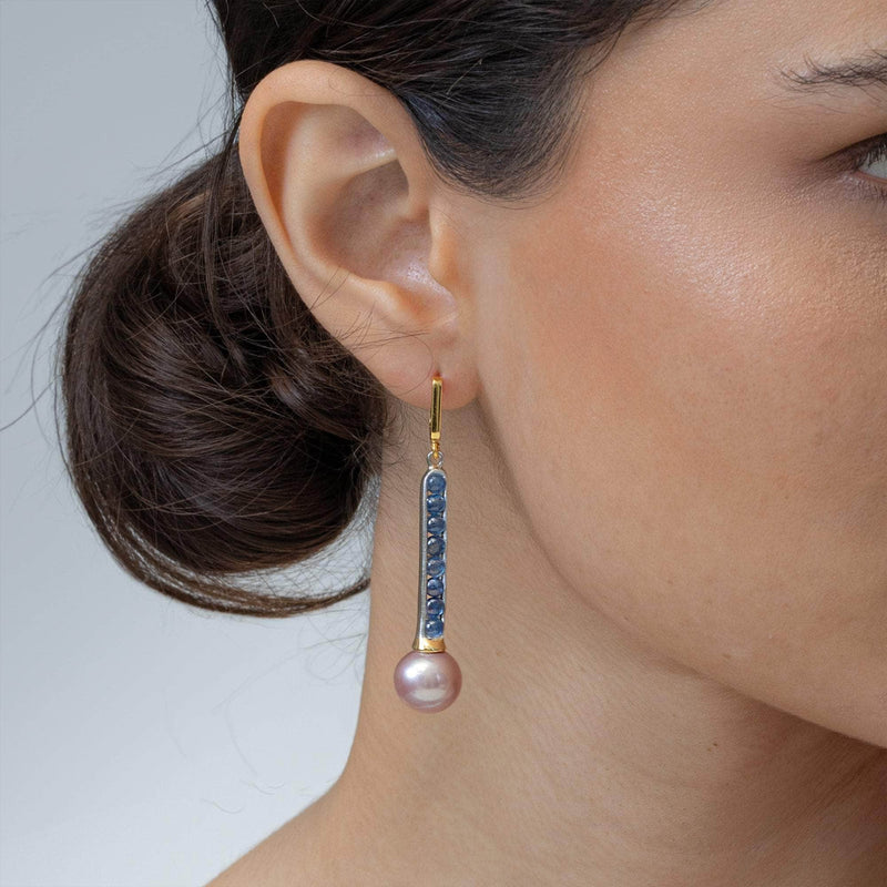 German Kabirski Suddha Pearl and Blue Sapphire Earrings