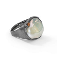 German Kabirski Anomo Baroque Pearl and Orange Sapphire Ring (Black Ruthenium)