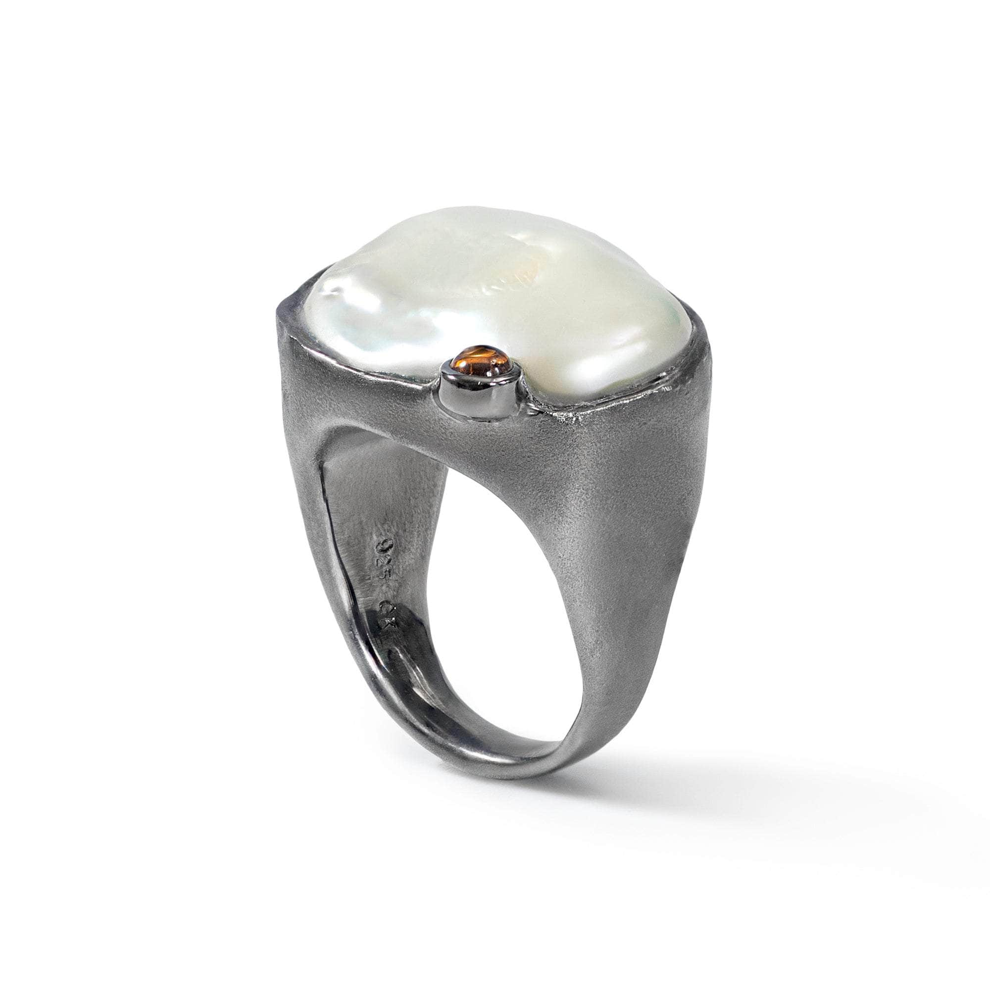 German Kabirski Anomo Baroque Pearl and Orange Sapphire Ring (Black Ruthenium)