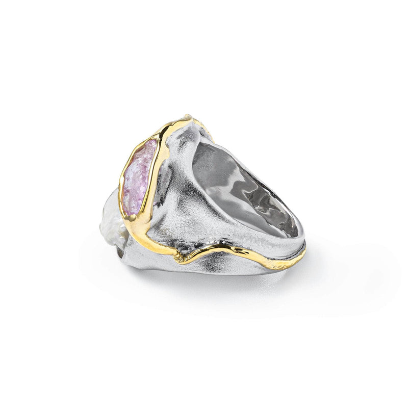 German Kabirski Yosa Baroque Pearl and Rough Pink Sapphire Ring (White Rhodium and Gold 18K)