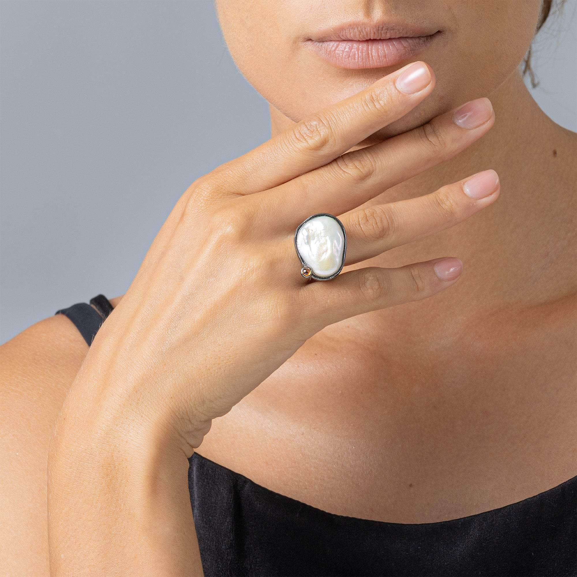 German Kabirski Anomo Baroque Pearl and Orange Sapphire Ring (Black Ruthenium)