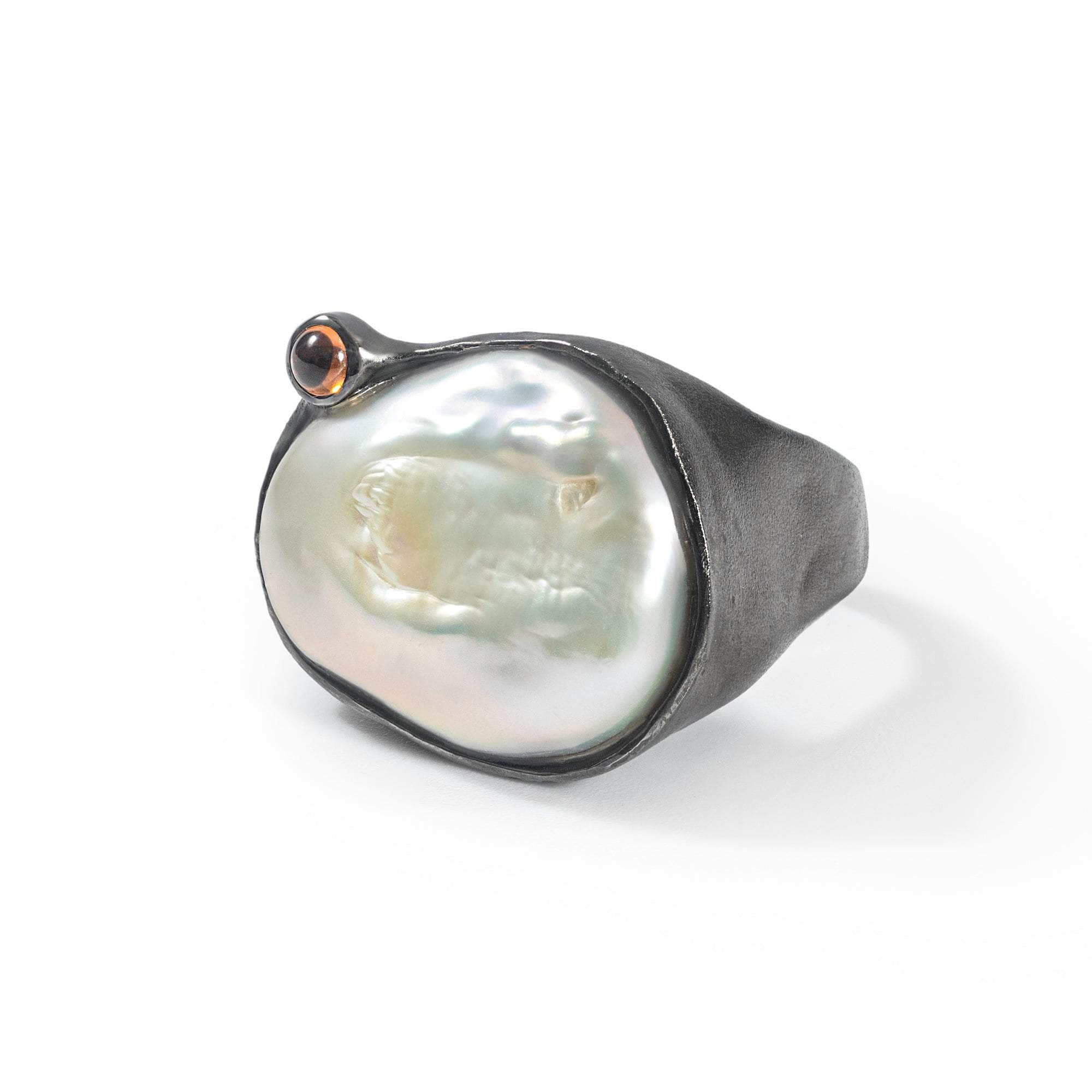 German Kabirski Anomo Baroque Pearl and Orange Sapphire Ring (Black Ruthenium)