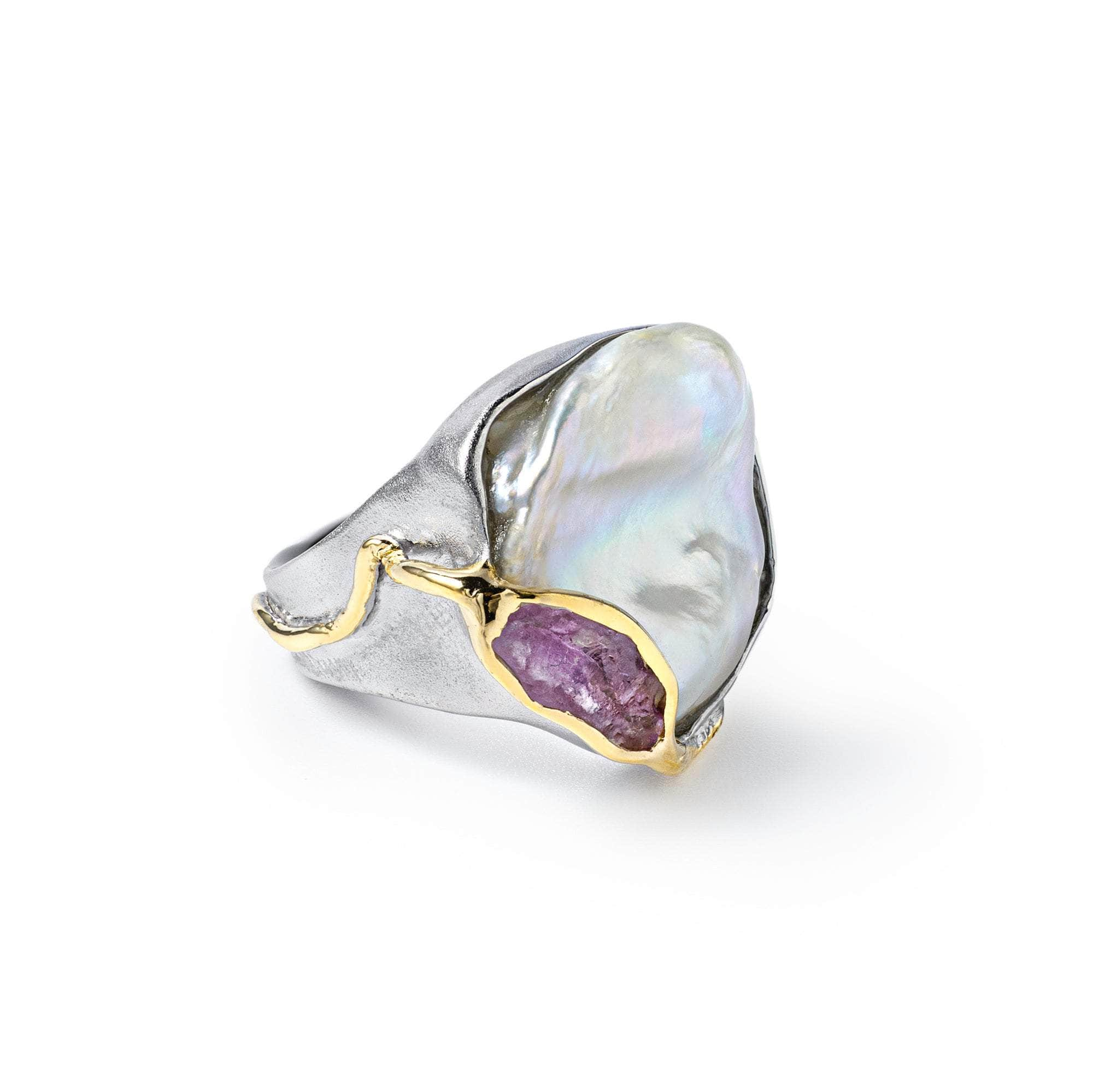 German Kabirski Yosa Baroque Pearl and Rough Pink Sapphire Ring (White Rhodium and Gold 18K)