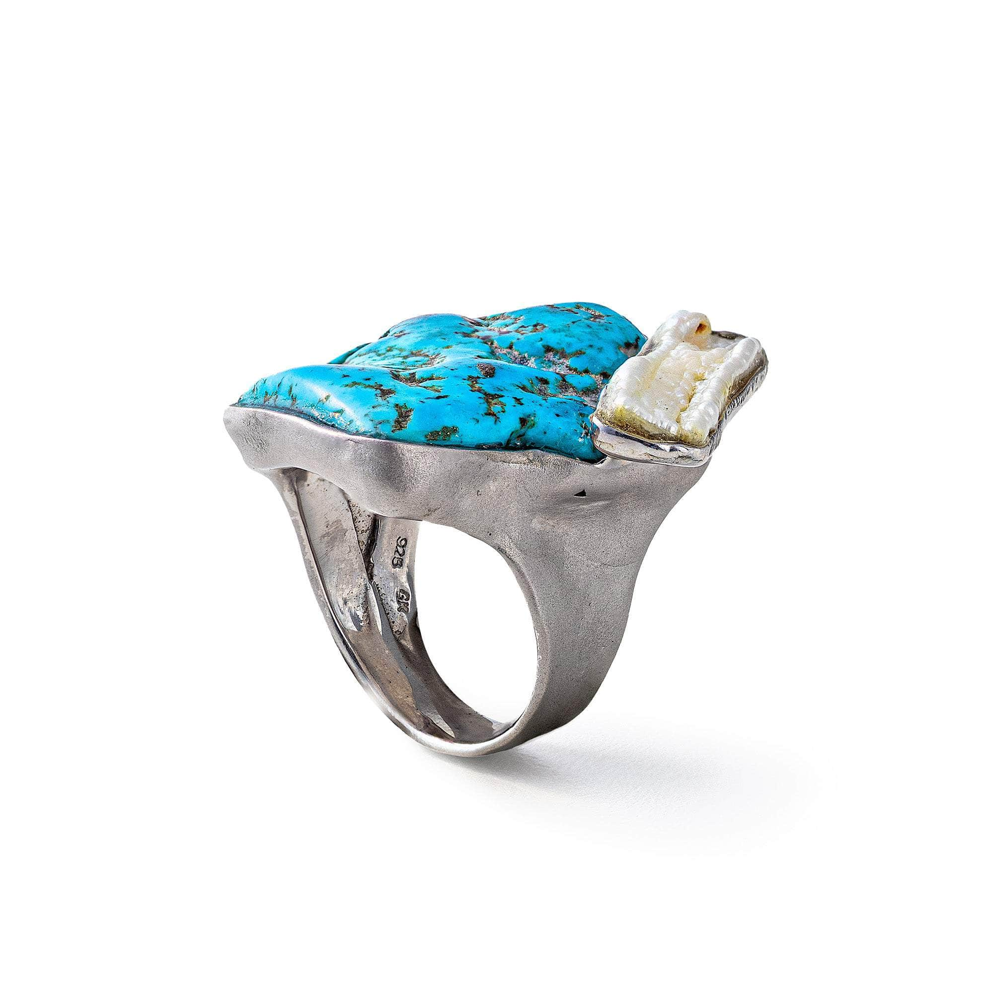 German Kabirski Vishne Rough Turquoise and Keshi Pearl Ring