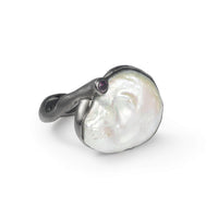 German Kabirski Zakiah Baroque Pearl and Rhodolite Ring (Black Ruthenium)