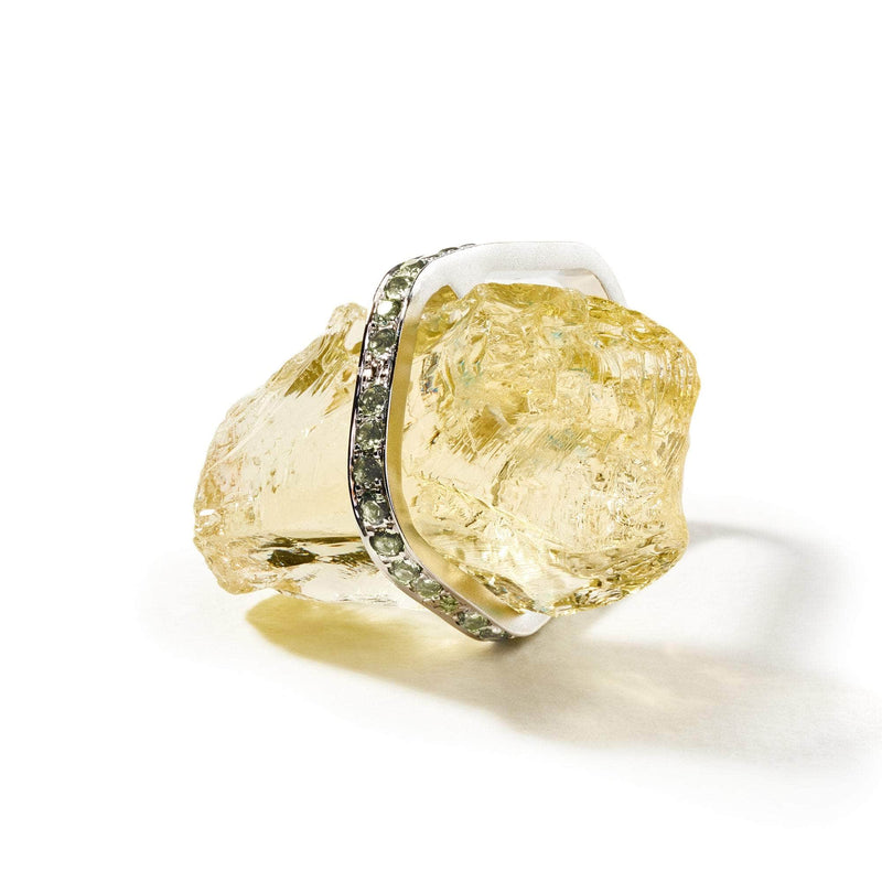 German Kabirski Myan Rough Lemon Quartz and Green Sapphire Ring