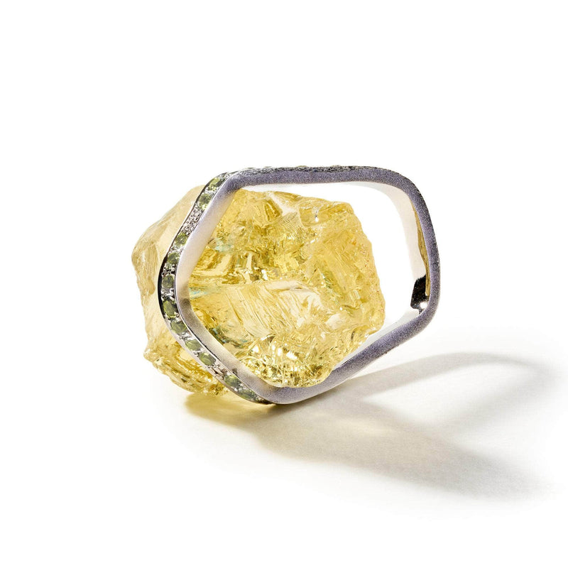 German Kabirski Myan Rough Lemon Quartz and Green Sapphire Ring