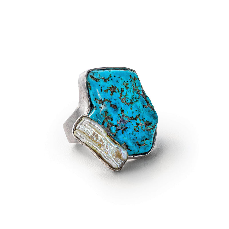 German Kabirski Vishne Rough Turquoise and Keshi Pearl Ring