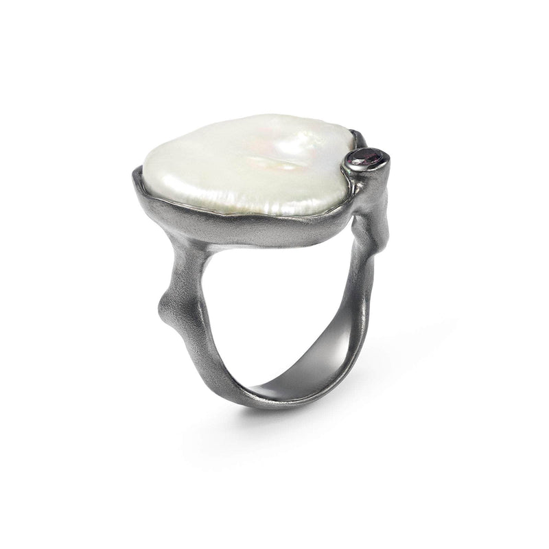 German Kabirski Zakiah Baroque Pearl and Rhodolite Ring (Black Ruthenium)