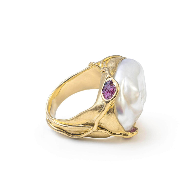 German Kabirski Ono Baroque Pearl and Rough Ruby Ring (Gold 18K)