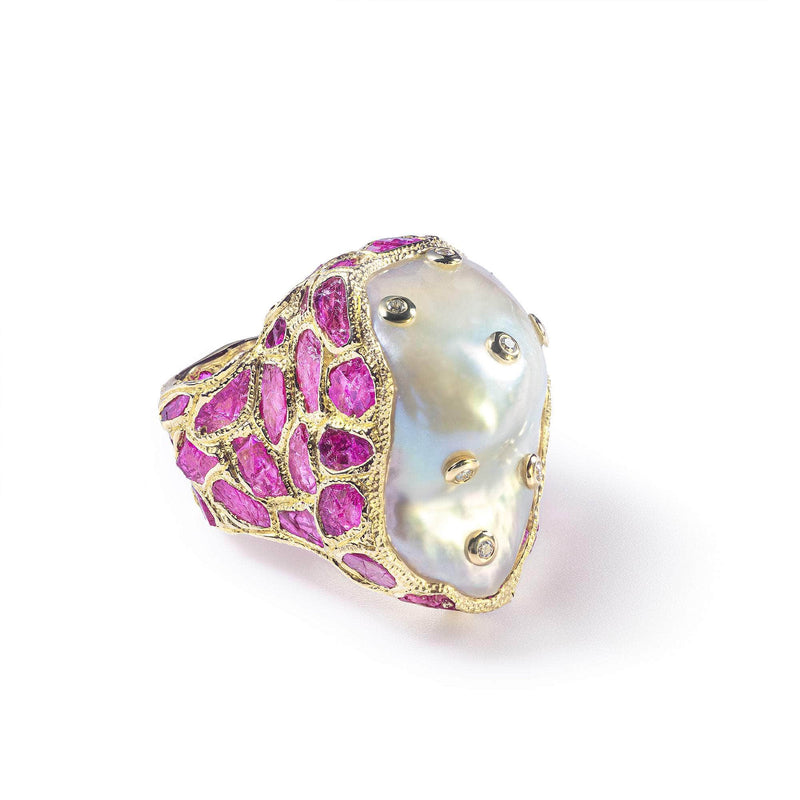 German Kabirski Vitra Baroque Pearl and Ruby and Diamond Ring