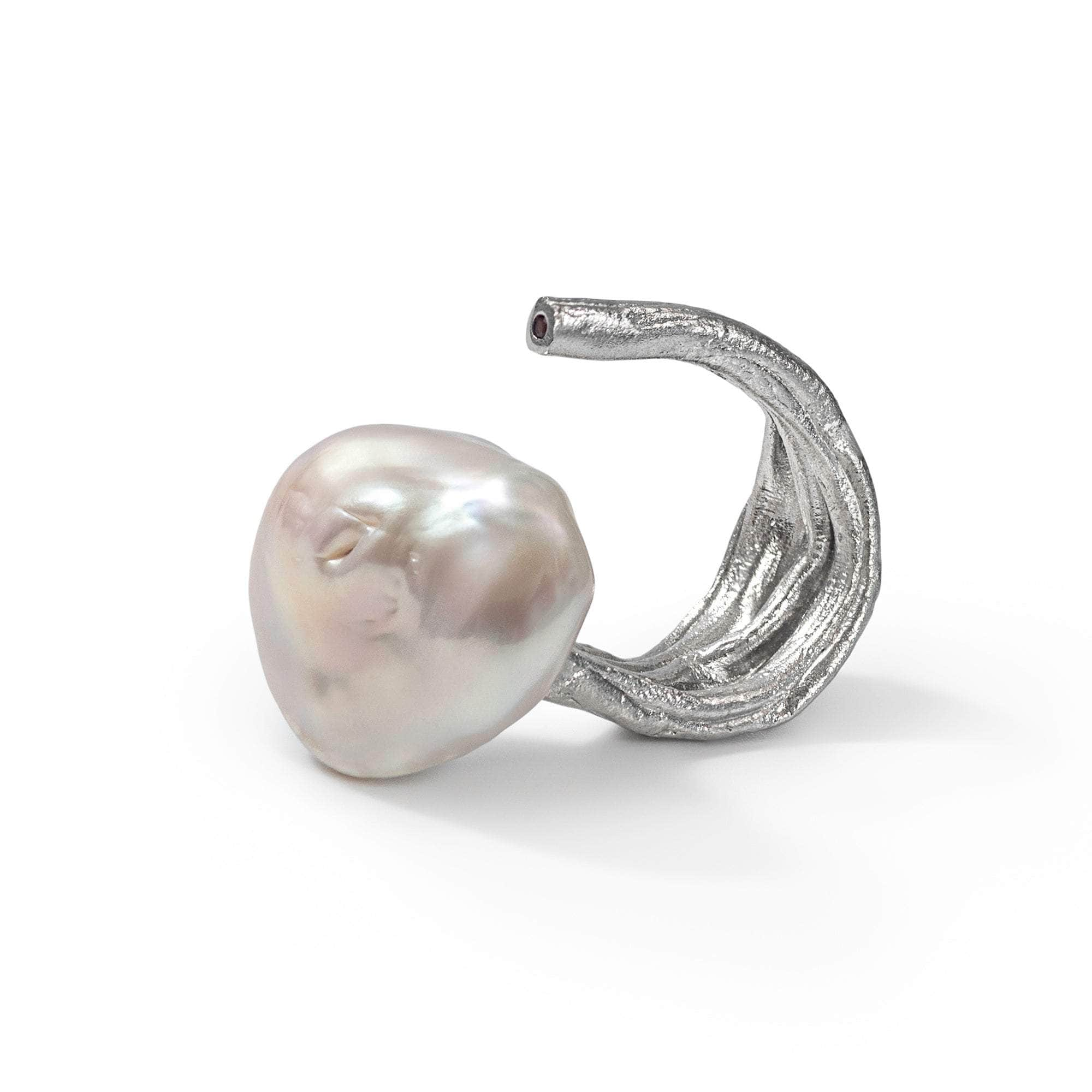 German Kabirski Laurel Baroque Pearl and Rhodolite Ring (White Rhodium)