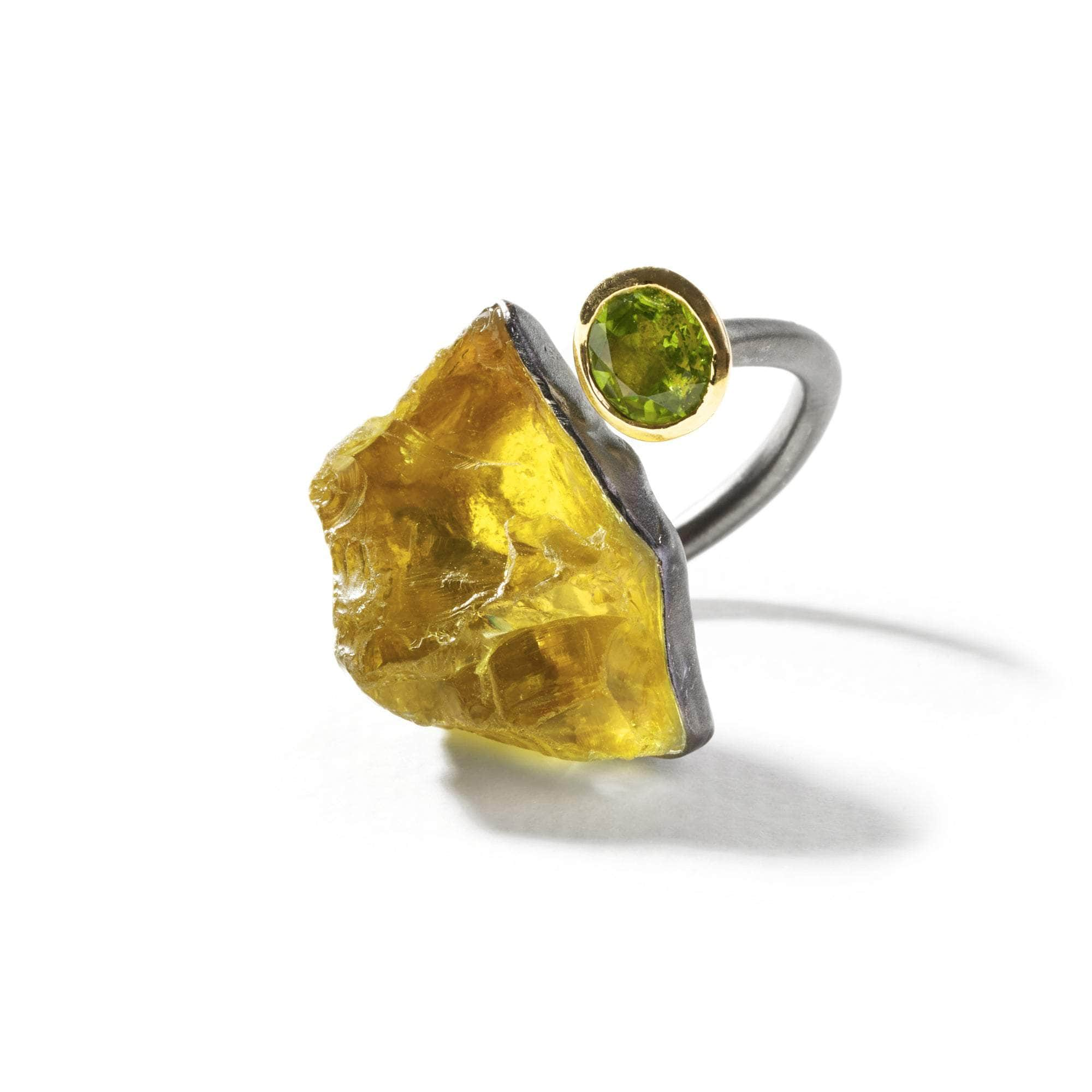 German Kabirski Eutope Rough Lemon Quartz and Peridot Ring