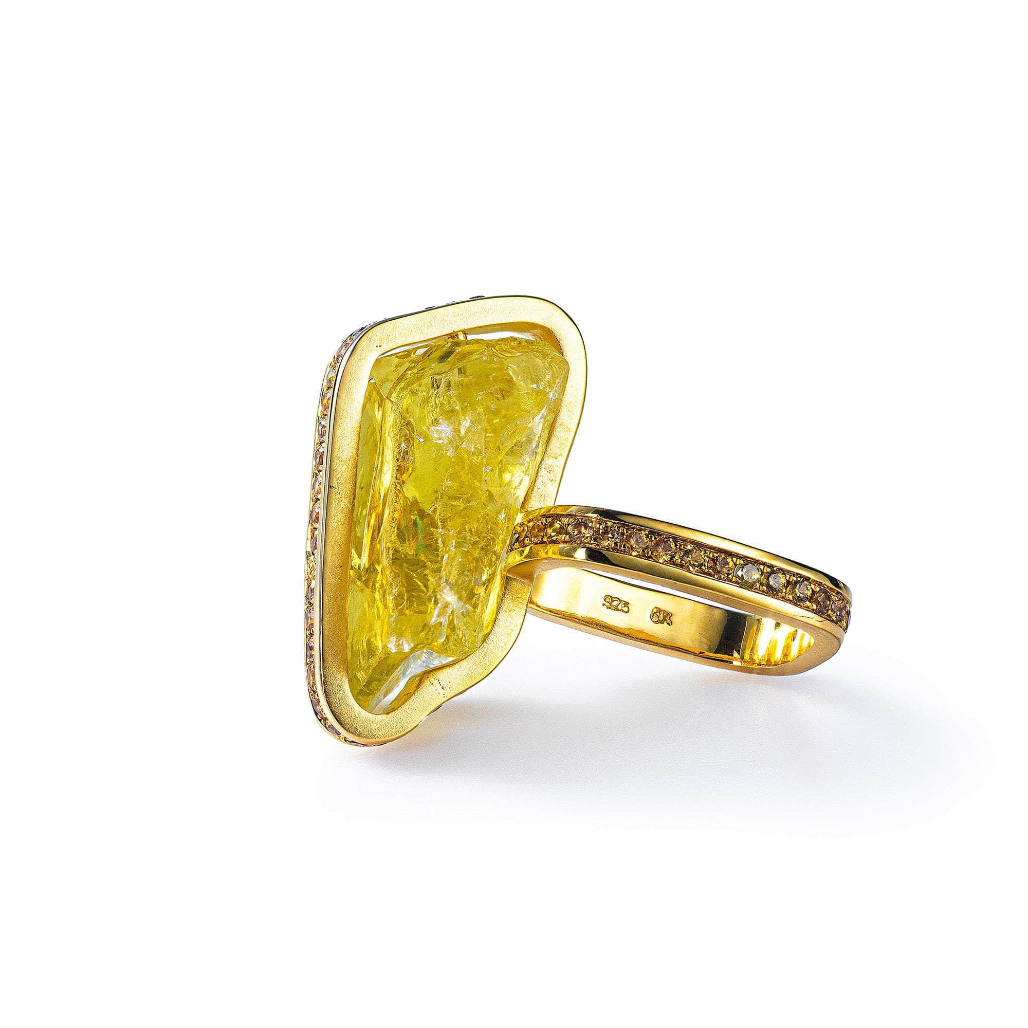 German Kabirski Uni Rough Lemon Quartz and Yellow Sapphire Ring