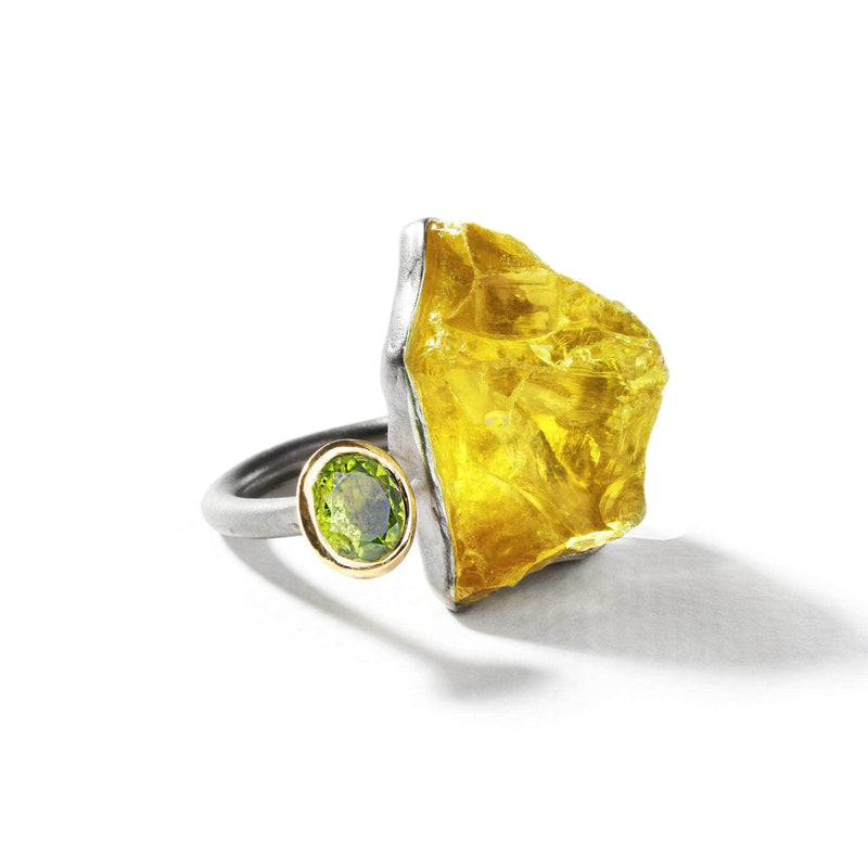 German Kabirski Eutope Rough Lemon Quartz and Peridot Ring