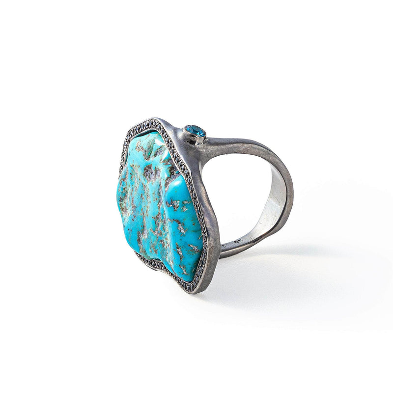 German Kabirski Deto Rough Turquoise and London Blue Topaz and Black Spinel Ring