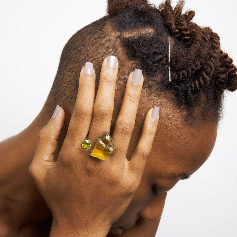 German Kabirski Eutope Rough Lemon Quartz and Peridot Ring