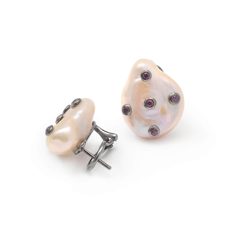 German Kabirski Kirei Baroque Pearl and Rhodolite Earrings (Black Ruthenium)