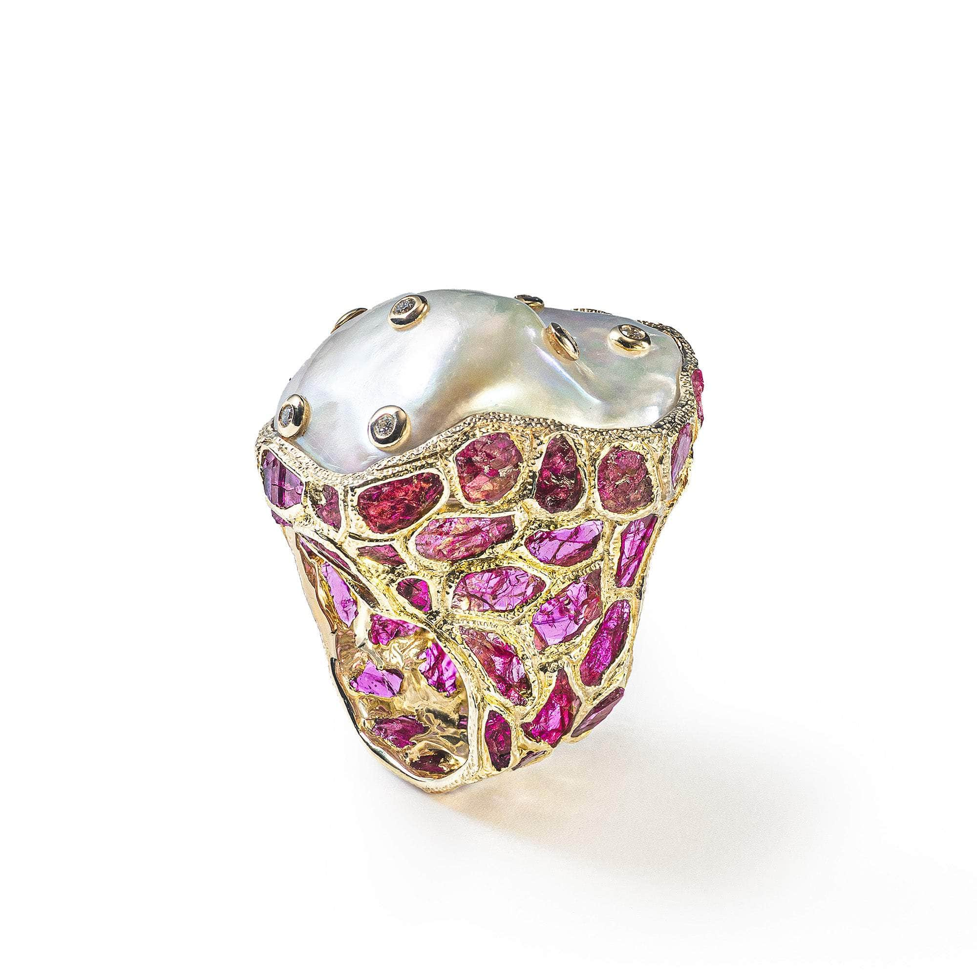 German Kabirski Vitra Baroque Pearl and Ruby and Diamond Ring