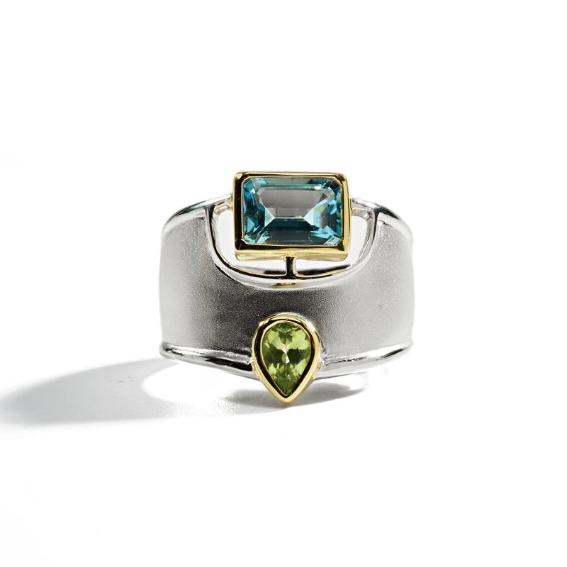 German Kabirski Deko Blue Topaz and Peridot Ring