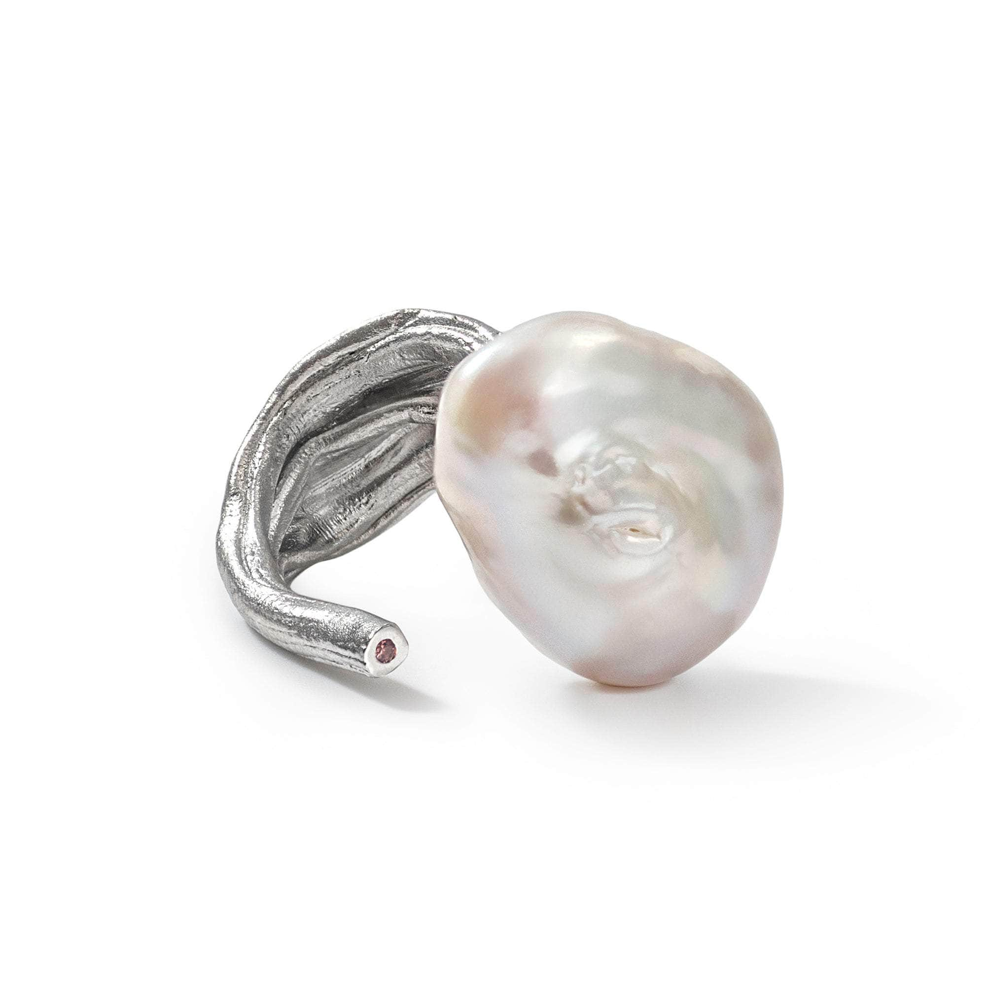 German Kabirski Laurel Baroque Pearl and Rhodolite Ring (White Rhodium)