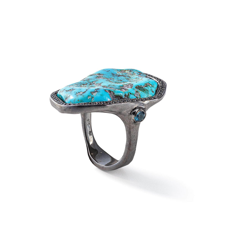 German Kabirski Deto Rough Turquoise and London Blue Topaz and Black Spinel Ring