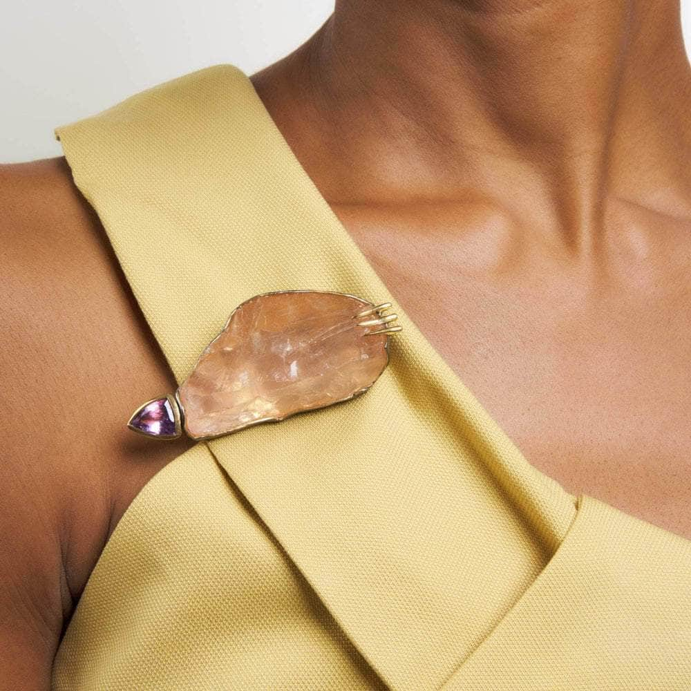 German Kabirski Arette Rough Rose Quartz and Amethyst Brooch